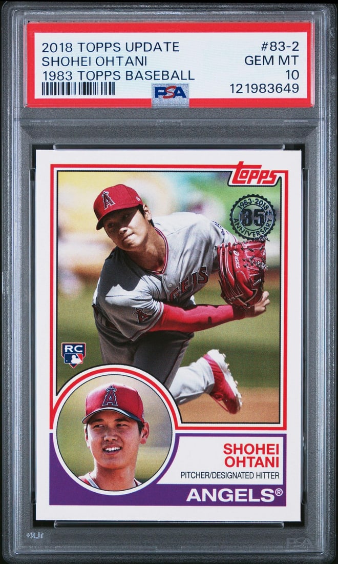 PSA 10 Shohei Ohtani 2018 Topps 1983 Rookie Card #83-2: PSA 10 Shohei Ohtani 2018 Topps 1983 Rookie Card #83-2 This is an original 2018 Topps Shohei Ohtani #83-2 1983 Rookie RC baseball card, professionally graded by PSA as a Gem Mint 10. The card features