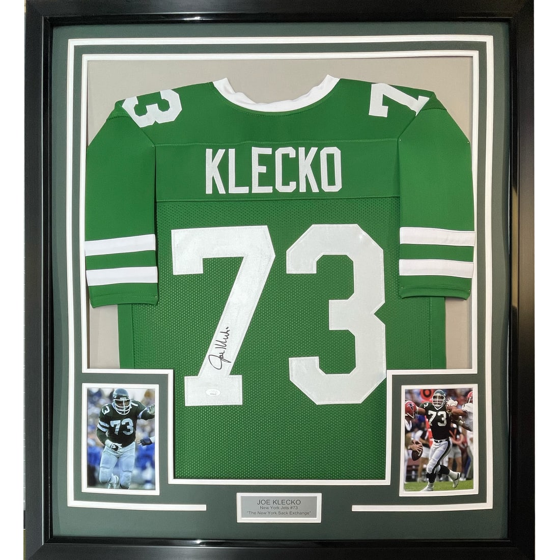 Framed Autographed Joe Klecko New York Jets Jersey Beckett COA 33x42: Framed Autographed Joe Klecko New York Jets Jersey Beckett COA 33x42 Celebrate your passion for NFL football with this stunning framed autographed jersey of Joe Klecko, a legendary player for the New 