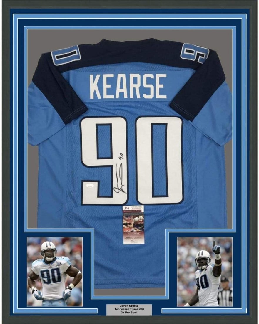 Jevon Kearse signed Tennessee Titans jersey framed JSA COA 33x42: Jevon Kearse signed Tennessee Titans jersey framed JSA COA 33x42 This is a professionally framed and matted Tennessee Titans light blue jersey autographed by Jevon Kearse. The jersey is accompanied by