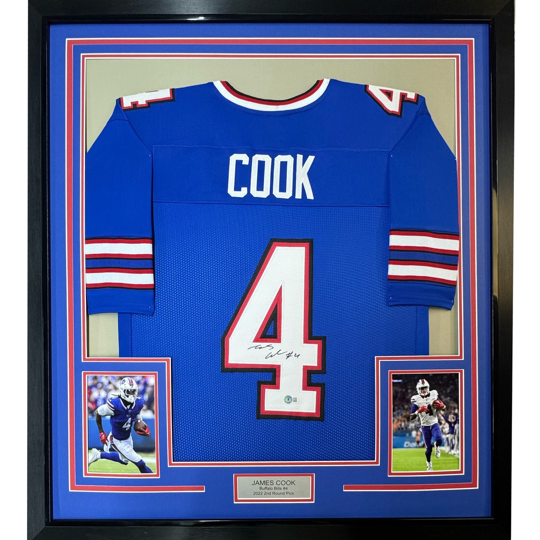 Framed Autographed James Cook Buffalo Bills Jersey BAS COA: Framed Autographed James Cook Buffalo Bills Jersey BAS COA Showcase your fandom with this professionally framed and autographed James Cook Buffalo Bills football jersey. Measuring 35 inches by 39 inch