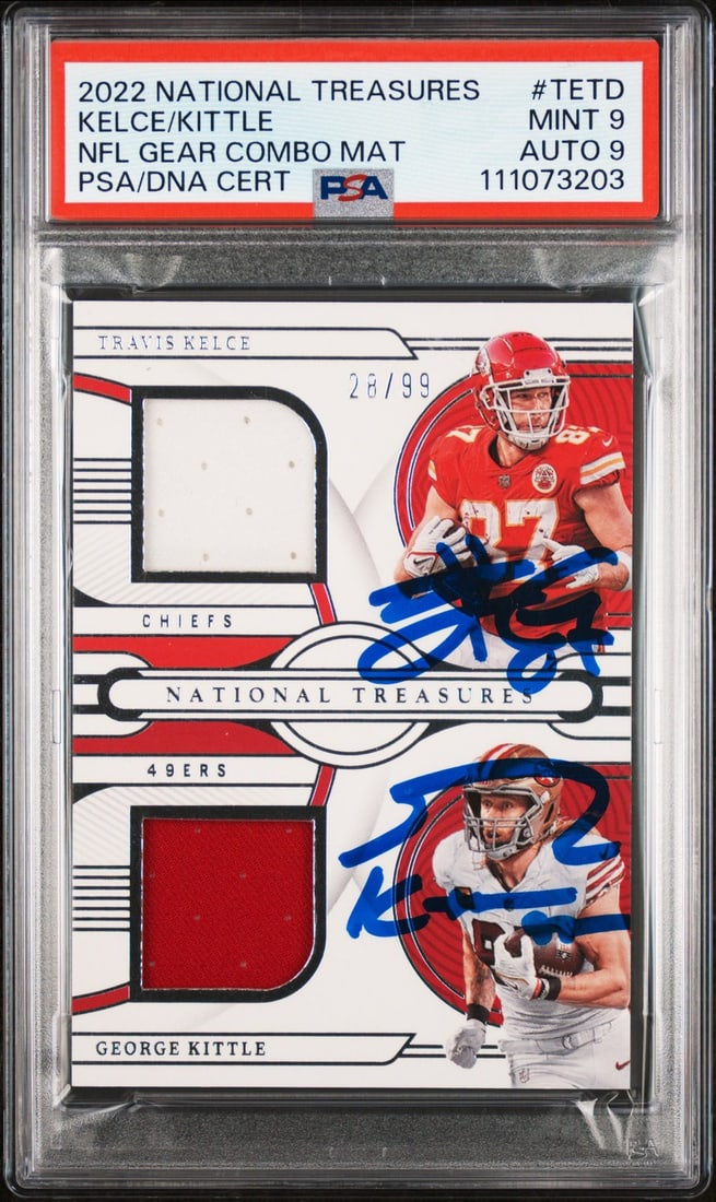Travis Kelce George Kittle Signed 2022 NT NFL Gear Card #28/99 PSA Mint 9: Travis Kelce George Kittle Signed 2022 NT NFL Gear Card #28/99 PSA Mint 9 This is a 2022 National Treasures NFL Gear Combo Materials card featuring both Travis Kelce and George Kittle, numbered #28/99