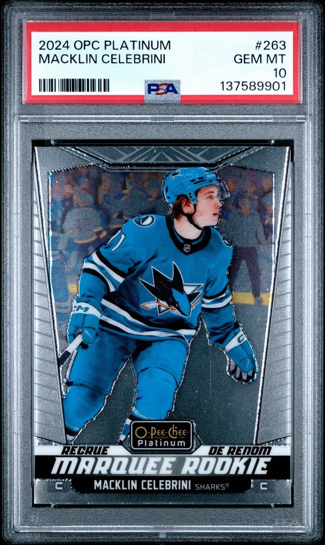 PSA 10 Macklin Celebrini 2024 O Pee Chee Platinum Rookie Card #263: PSA 10 Macklin Celebrini 2024 O Pee Chee Platinum Rookie Card #263 This is an original 2024 O-Pee-Chee Platinum Macklin Celebrini #263 Rookie RC card, professionally graded and encapsulated by PSA wit