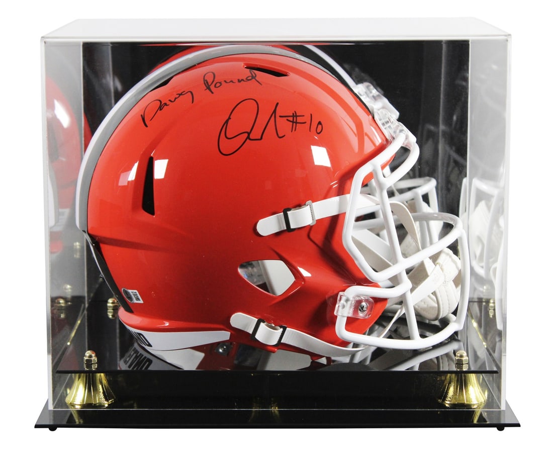 Quinshon Judkins Autographed Browns Full Size Speed Replica Helmet With Case BAS Witnessed: Quinshon Judkins Autographed Browns Full Size Speed Replica Helmet With Case BAS Witnessed This is an autographed Riddell full size Speed replica helmet featuring the Cleveland Browns, signed by Quins