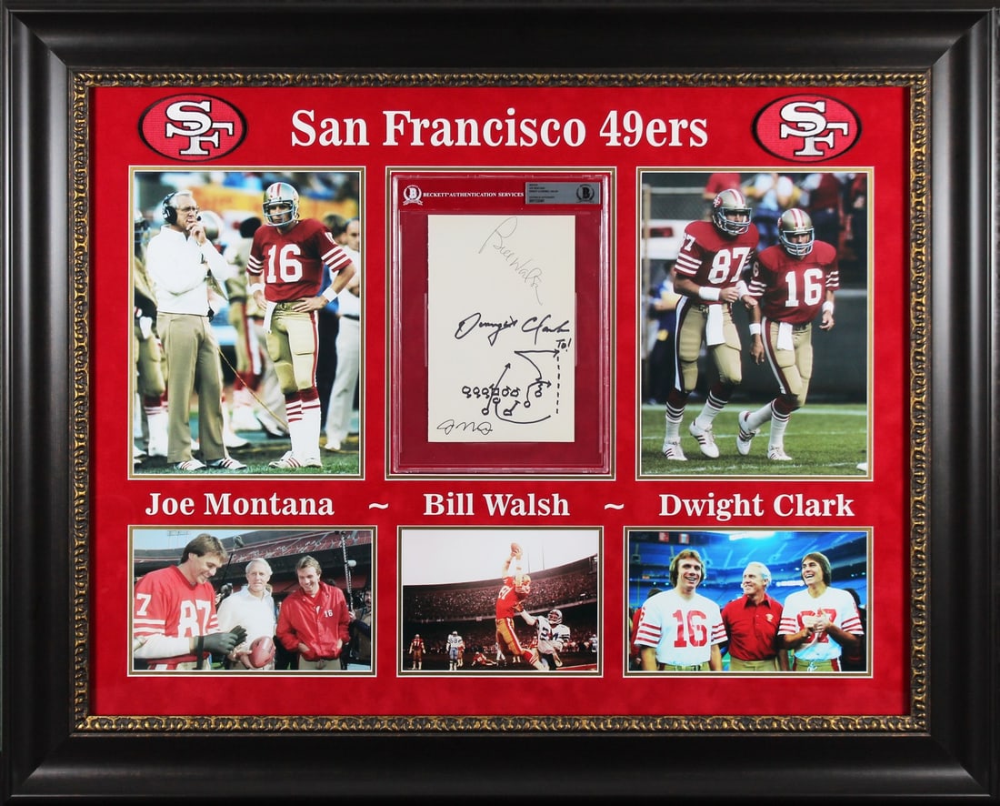 Framed 49ers Display Signed by Montana Walsh Clark With Hand Drawn Play Beckett Authenticated: Framed 49ers Display Signed by Montana Walsh Clark With Hand Drawn Play Beckett Authenticated This framed display features a hand-drawn play and cut signature, personally signed by Joe Montana, Bill W
