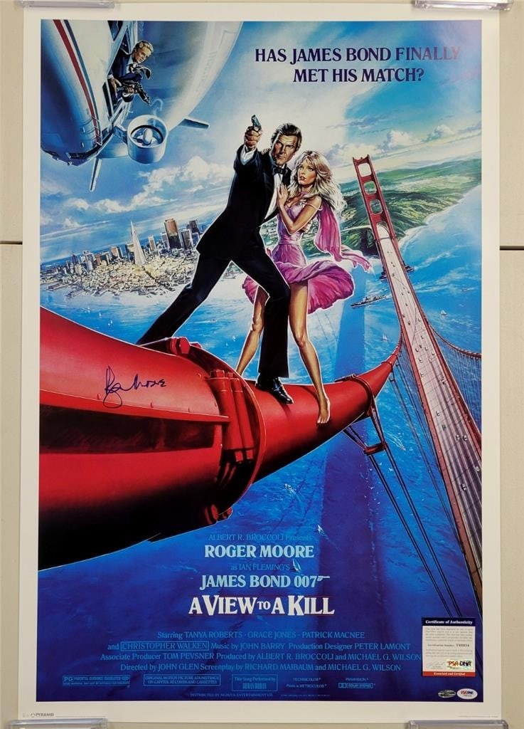 A View to a Kill 24x36 Poster Signed by Roger Moore Beckett Authenticated: A View to a Kill 24x36 Poster Signed by Roger Moore Beckett Authenticated This is an original 24x36 inch movie poster from 'A View to a Kill,' signed by Roger Moore. The autograph has been authenticat