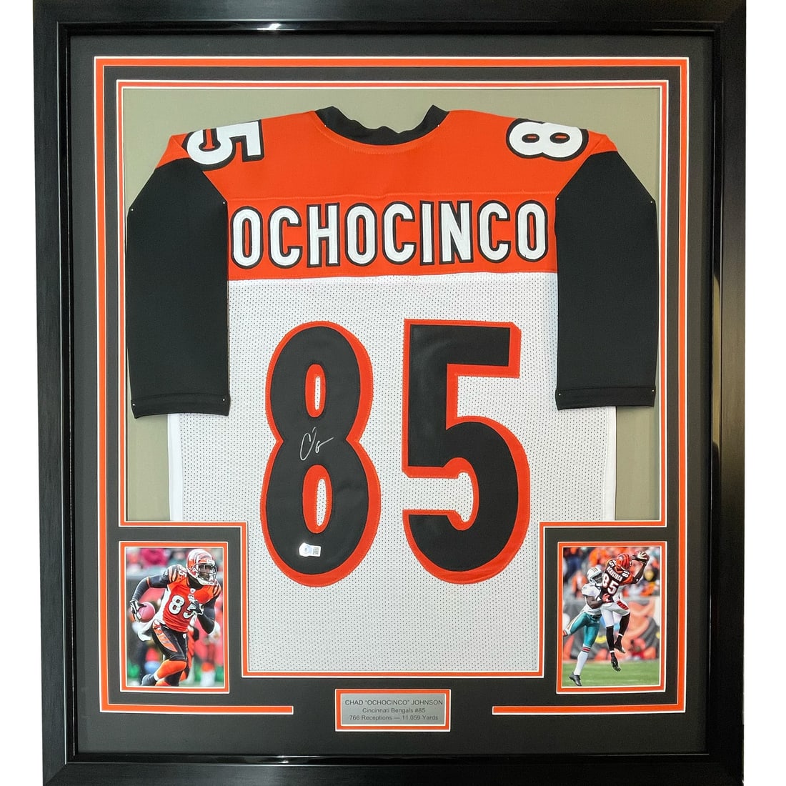 Chad Ochocinco Signed Bengals Jersey Framed 33x42 JSA COA: Chad Ochocinco Signed Bengals Jersey Framed 33x42 JSA COA This framed white jersey is autographed by Chad Ochocinco Johnson of the Cincinnati Bengals. The jersey is professionally framed and matted, f