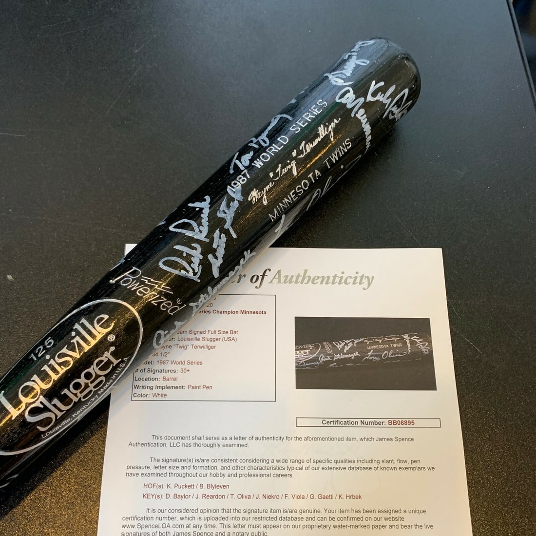Minnesota Twins 1987 World Series Bat Signed by Team Kirby Puckett JSA Authenticated: Minnesota Twins 1987 World Series Bat Signed by Team Kirby Puckett JSA Authenticated This is a 34.5-inch, 30.5-ounce Louisville Slugger bat originally issued to Minnesota Twins first base coach Wayne 