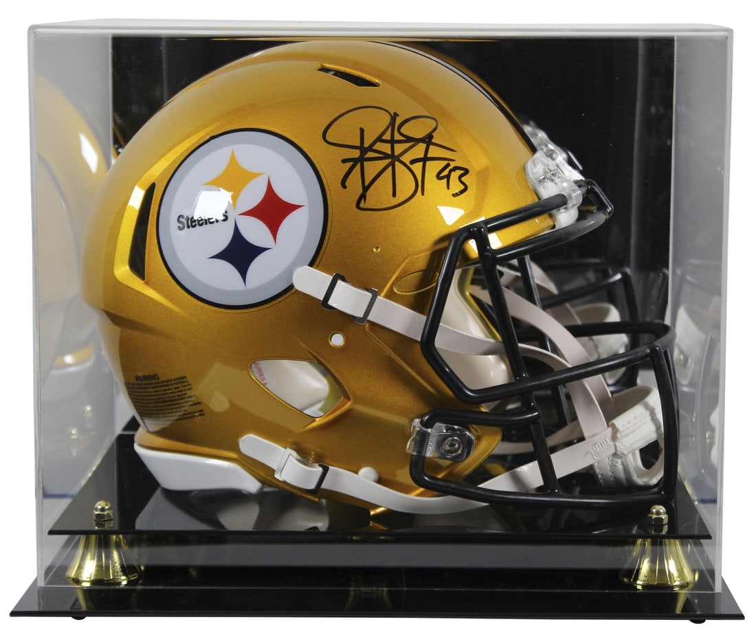 Troy Polamalu autographed Steelers Flash Speed Proline helmet Beckett case: Troy Polamalu autographed Steelers Flash Speed Proline helmet Beckett case This is an autographed alternate Flash Riddell full-size Speed Proline helmet, personally signed by Troy Polamalu of the Pitt