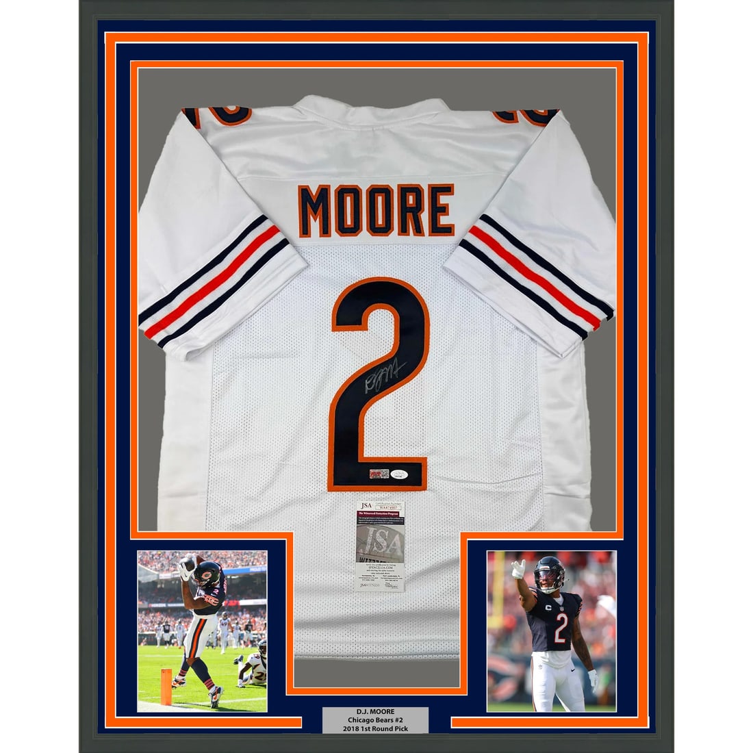 DJ Moore signed framed Chicago Bears jersey BAS COA 33x42: DJ Moore signed framed Chicago Bears jersey BAS COA 33x42 This professionally framed and matted white football jersey is autographed by DJ Moore of the Chicago Bears. The display includes two 5x7 phot