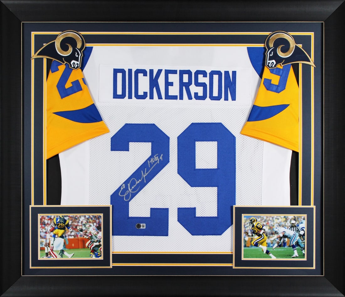 Framed Eric Dickerson White Jersey Signed With HOF 99 Inscription BAS Witnessed (1 of 2)