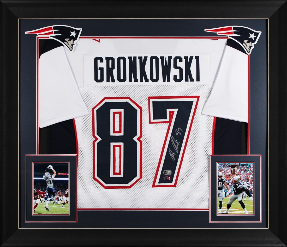 Rob Gronkowski Signed White Jersey Framed BAS Witnessed New England Patriots: Rob Gronkowski Signed White Jersey Framed BAS Witnessed New England Patriots Celebrate your passion for the New England Patriots with this authentic autographed white pro style framed jersey signed by