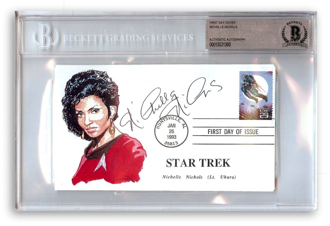 Nichelle Nichols Uhura Signed First Day Cover Beckett Authenticated: Nichelle Nichols Uhura Signed First Day Cover Beckett Authenticated This Nichelle Nichols autographed First Day Cover features the iconic character Uhura from Star Trek. The cover is authenticated by 
