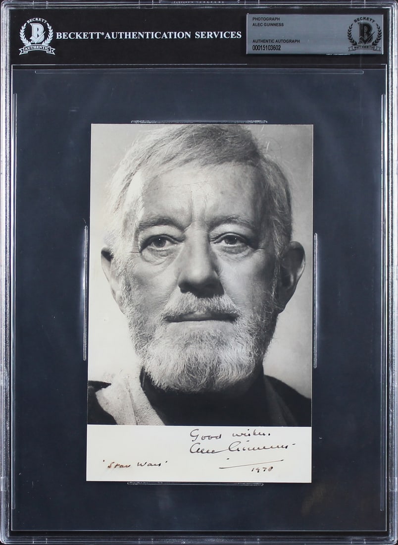Alec Guinness Signed Star Wars 5x8 Photo Good Wishes 1978 BAS Slabbed: Alec Guinness Signed Star Wars 5x8 Photo Good Wishes 1978 BAS Slabbed This authentic 5x8 black and white photograph features the iconic Alec Guinness, known for his role in Star Wars. Inscribed with '