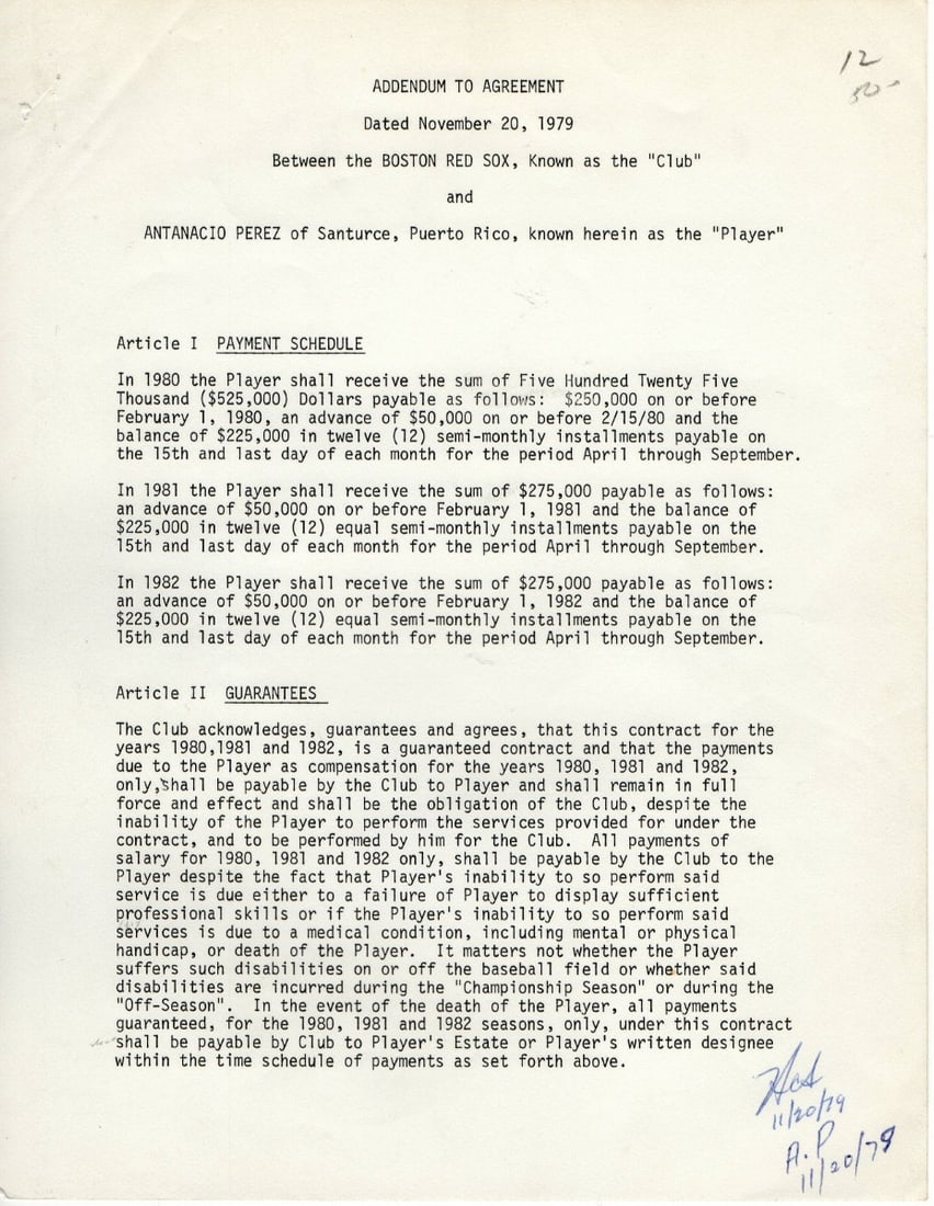 Beckett Authenticated Tony Perez Haywood Sullivan Red Sox Contract 1979 (1 of 4)