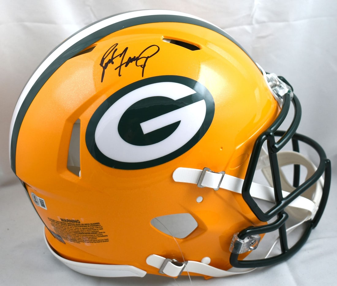 Brett Favre autographed Green Bay Packers full size speed helmet Beckett hologram black: Brett Favre autographed Green Bay Packers full size speed helmet Beckett hologram black This is a Green Bay Packers full-size Speed Authentic helmet signed by Brett Favre. The helmet features a Becket