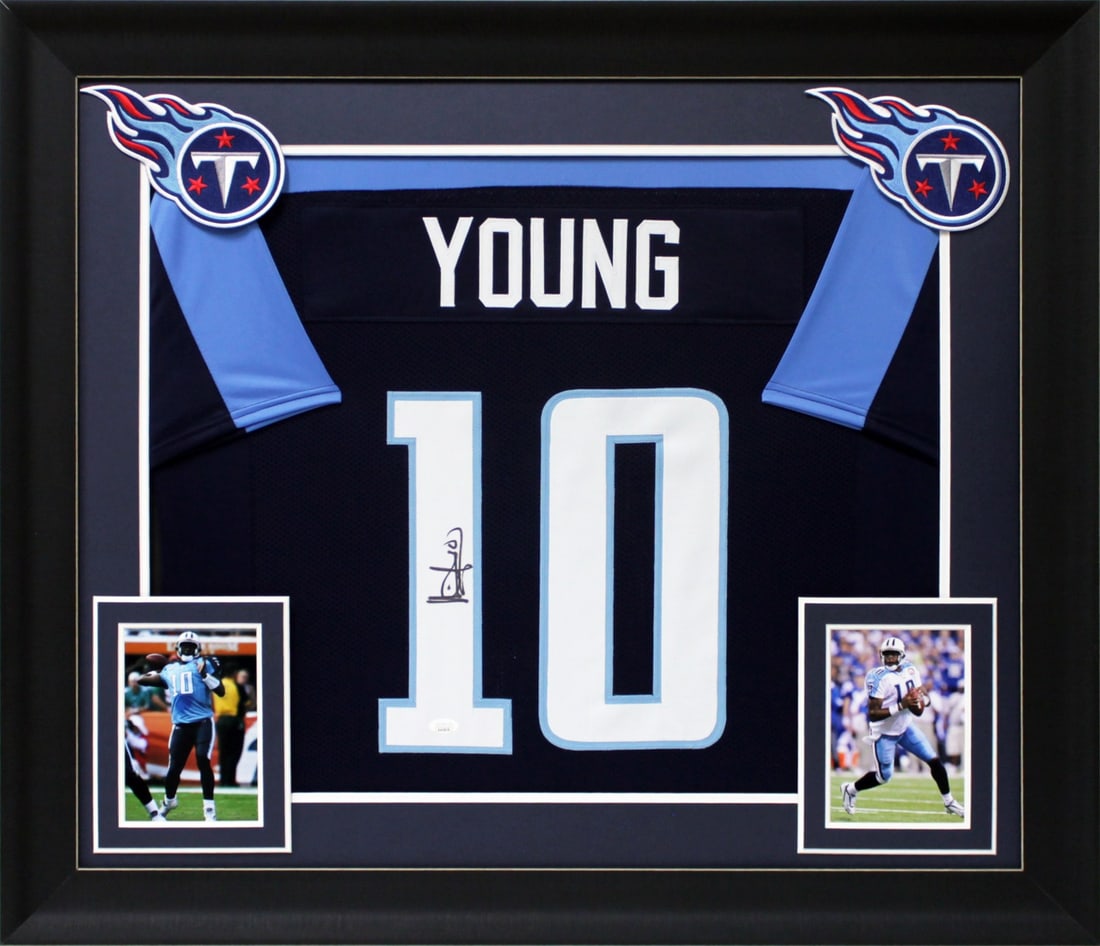 Vince Young Signed Tennessee Titans Framed Jersey with JSA Authentication: Vince Young Signed Tennessee Titans Framed Jersey with JSA Authentication Celebrate your love for the Tennessee Titans with this authentic, signed blue pro style framed jersey, personally autographed 