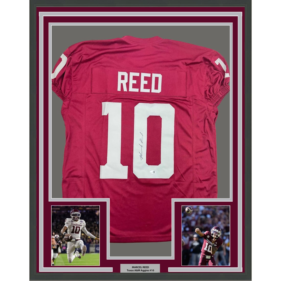 Marcel Reed Signed Texas A&M Jersey Display 35x39 Framed with JSA Authentication: Marcel Reed Signed Texas A&M Jersey Display 35x39 Framed with JSA Authentication This professionally framed and matted Texas A&M maroon jersey is autographed by Marcel Reed. The display includes two 5