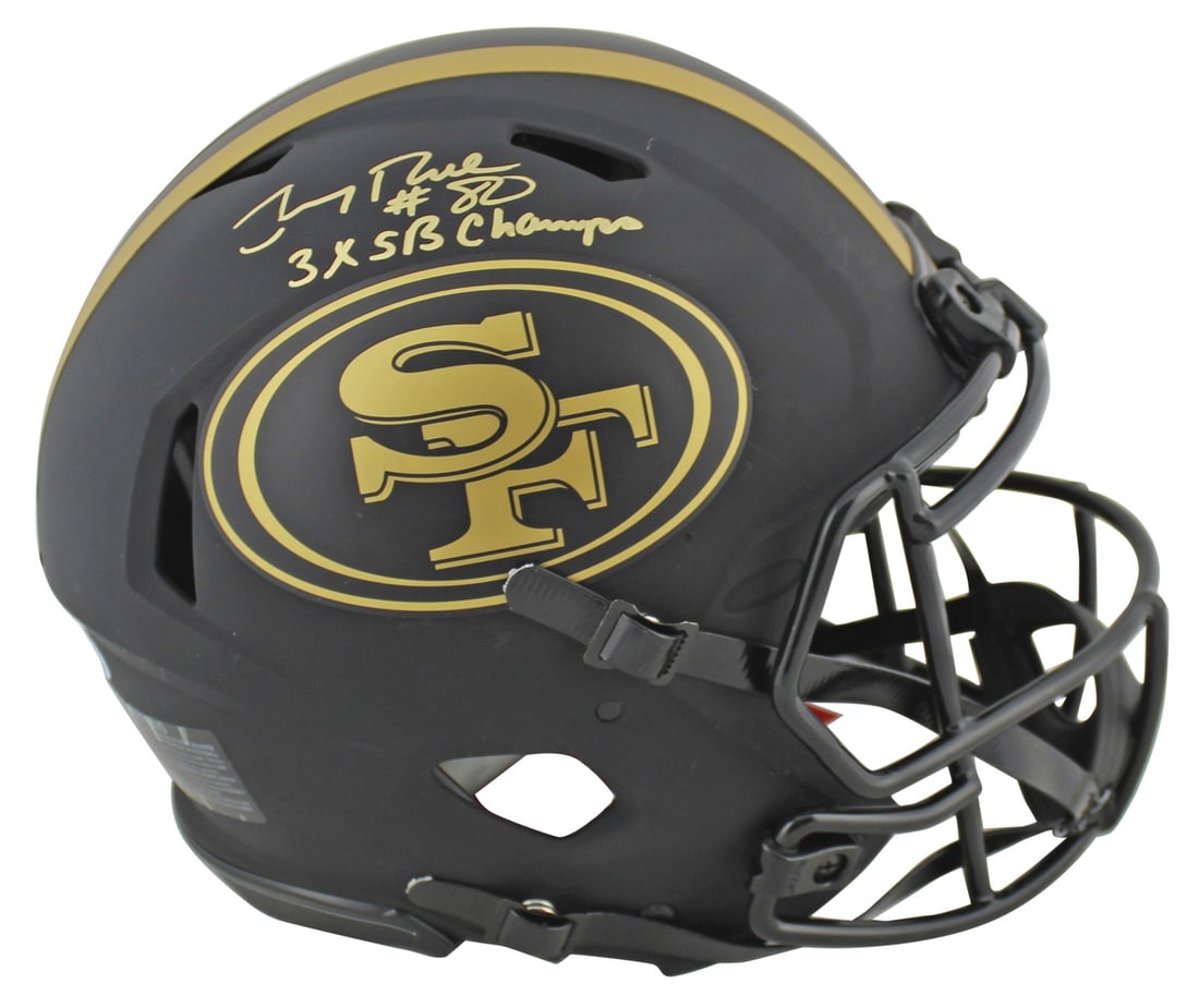 Jerry Rice Signed 49ers Eclipse Helmet 3x SB Champ BAS Authenticated: Jerry Rice Signed 49ers Eclipse Helmet 3x SB Champ BAS Authenticated This authentic San Francisco 49ers Eclipse Proline F/S Speed Helmet has been personally signed by legendary player Jerry Rice, feat