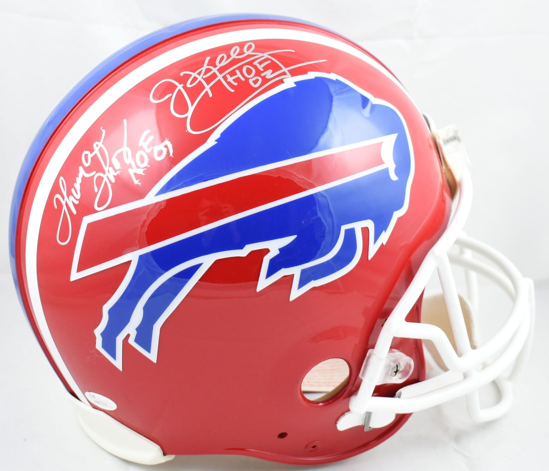 Buffalo Bills Full Size Helmet Signed by Jim Kelly and Thurman Thomas JSA Authenticated: Buffalo Bills Full Size Helmet Signed by Jim Kelly and Thurman Thomas JSA Authenticated This is an original full-size Buffalo Bills helmet autographed by Jim Kelly and Thurman Thomas. The signatures h