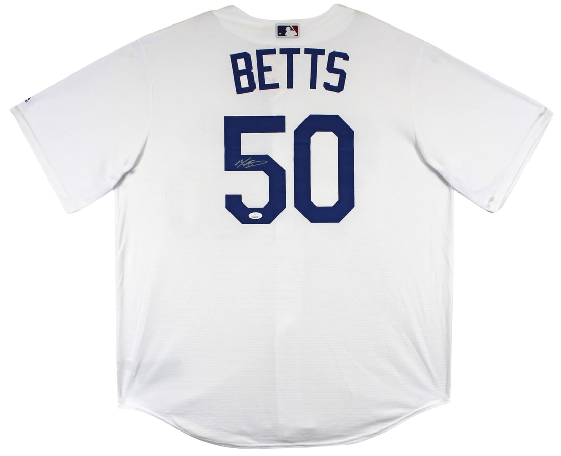 Mookie Betts Signed White Los Angeles Dodgers Jersey JSA Witnessed Majestic Cool Base: Mookie Betts Signed White Los Angeles Dodgers Jersey JSA Witnessed Majestic Cool Base This is an authentic white Majestic Cool Base jersey personally signed by Mookie Betts of the Los Angeles Dodgers.