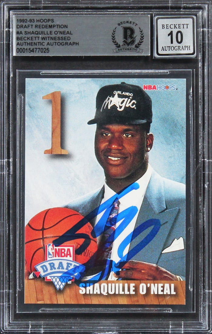 Shaquille O'Neal Signed 1992 Hoops Draft Redemption Rookie Card Gem Mint 10 Beckett: Shaquille O'Neal Signed 1992 Hoops Draft Redemption Rookie Card Gem Mint 10 Beckett This 1992 Hoops Draft Redemption #A Rookie Card is a remarkable collectible for basketball fans and collectors alike