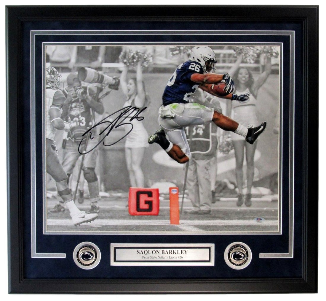Framed 16x20 Saquon Barkley Signed Penn State Photo PSA DNA Authenticated: Framed 16x20 Saquon Barkley Signed Penn State Photo PSA DNA Authenticated This framed 16x20 photo features an authentic signature from Saquon Barkley of the Penn State Nittany Lions. The autograph has