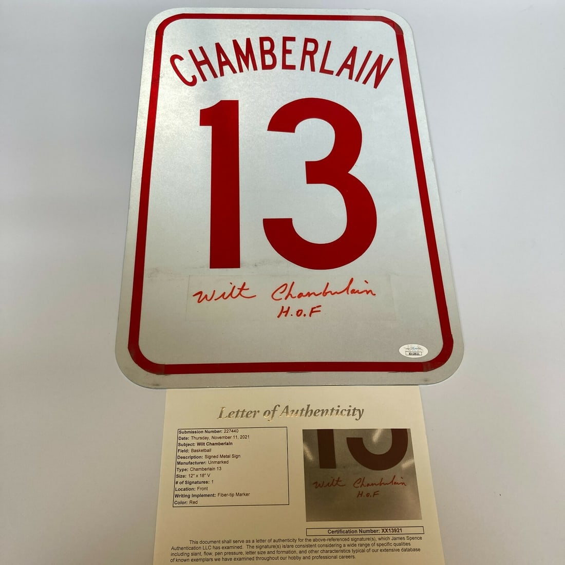 Wilt Chamberlain Signed Metal Sign 12x18 JSA Authenticated #13: Wilt Chamberlain Signed Metal Sign 12x18 JSA Authenticated #13 Celebrate the legacy of basketball legend Wilt Chamberlain with this Hall of Fame signed large 12x18 metal sign. Featuring the iconic #13
