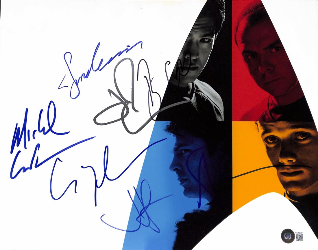 Star Trek 2009 Movie Cast Signed 11x14 Photo with Beckett LOA: Star Trek 2009 Movie Cast Signed 11x14 Photo with Beckett LOA This stunning 11x14 color photograph features the signatures of seven key cast members from the 2009 movie Star Trek, including notable ac