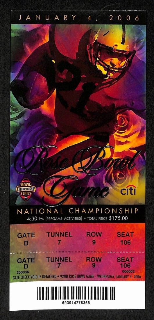 2006 Rose Bowl Full Ticket USC Texas Vince Young: 2006 Rose Bowl Full Ticket USC Texas Vince Young This is a full ticket from the 2005-2006 Rose Bowl game featuring USC versus Texas, where the Texas Longhorns claimed the National Championship. The ti