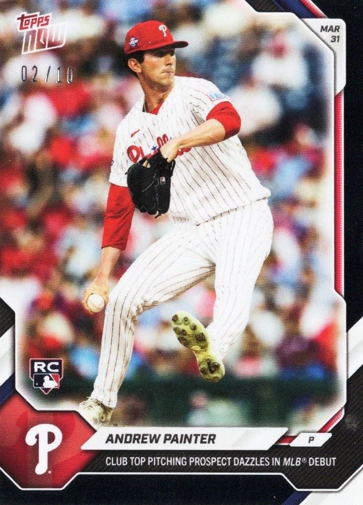 Andrew Painter Topps Now Black Foil Rookie Card #35 /10: Andrew Painter Topps Now Black Foil Rookie Card #35 /10 This is a 2026 Topps Now Andrew Painter #35 Black Foil sports trading card, featuring the rookie card (RC) of Andrew Painter from the Philadelph