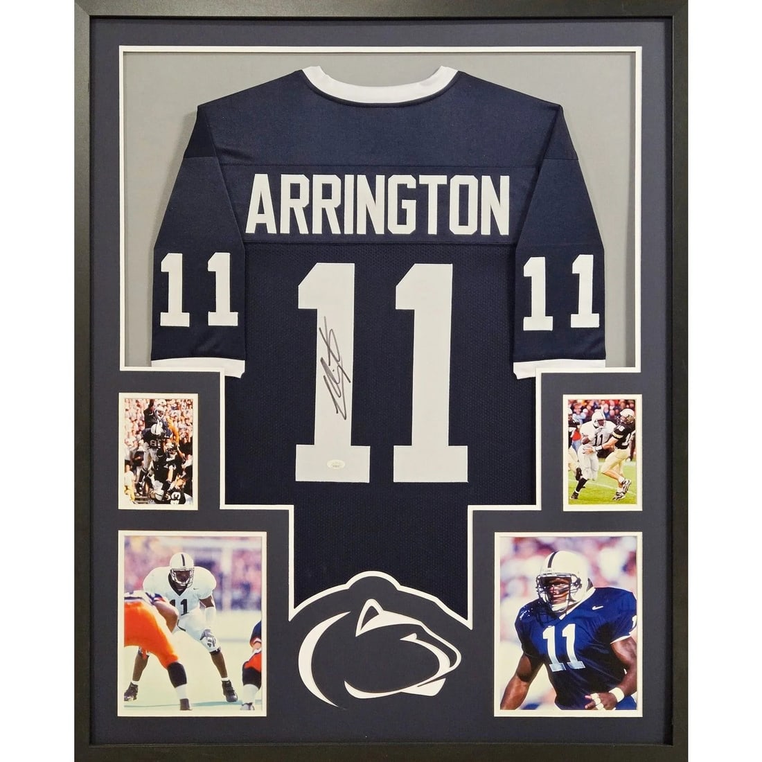 Framed Penn State Jersey Signed by Lavar Arrington JSA: Framed Penn State Jersey Signed by Lavar Arrington JSA This is a framed Penn State jersey autographed by Lavar Arrington. The jersey comes with authentication from JSA and features a tamper-proof stic