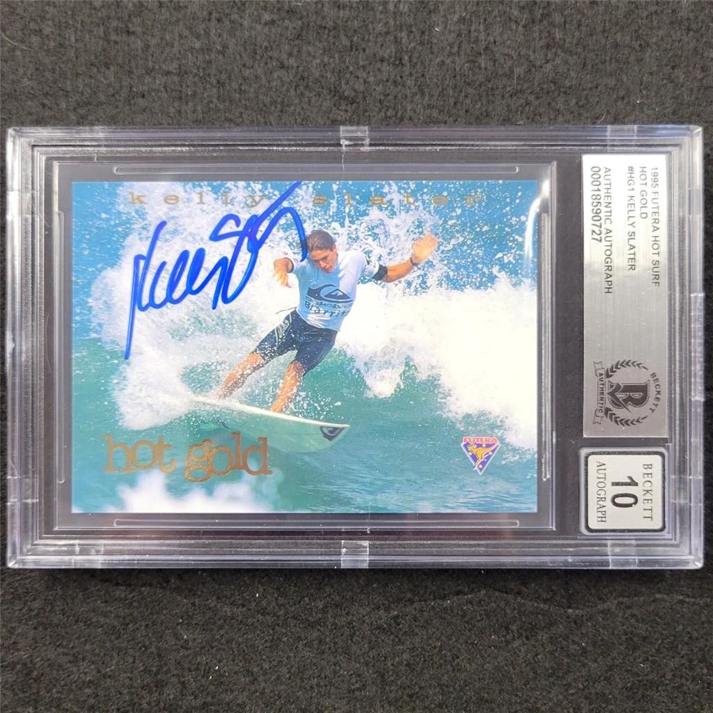 1995 Futera Hot Surf Gold Kelly Slater Signed Card /4000 Beckett BAS 10 Auto: 1995 Futera Hot Surf Gold Kelly Slater Signed Card /4000 Beckett BAS 10 Auto This is a rare 1995 Futera Hot Surf Gold HG1 trading card featuring surfing legend Kelly Slater. This card is not just a co