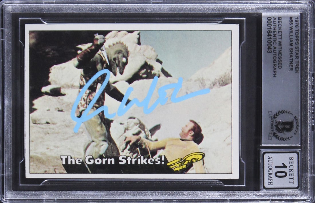 1976 Topps Star Trek 56 William Shatner Autograph Card Beckett 10 Slab: 1976 Topps Star Trek 56 William Shatner Autograph Card Beckett 10 Slab This is an original 1976 Topps Star Trek #56 trading card personally signed by William Shatner. The card has been graded Gem Mint