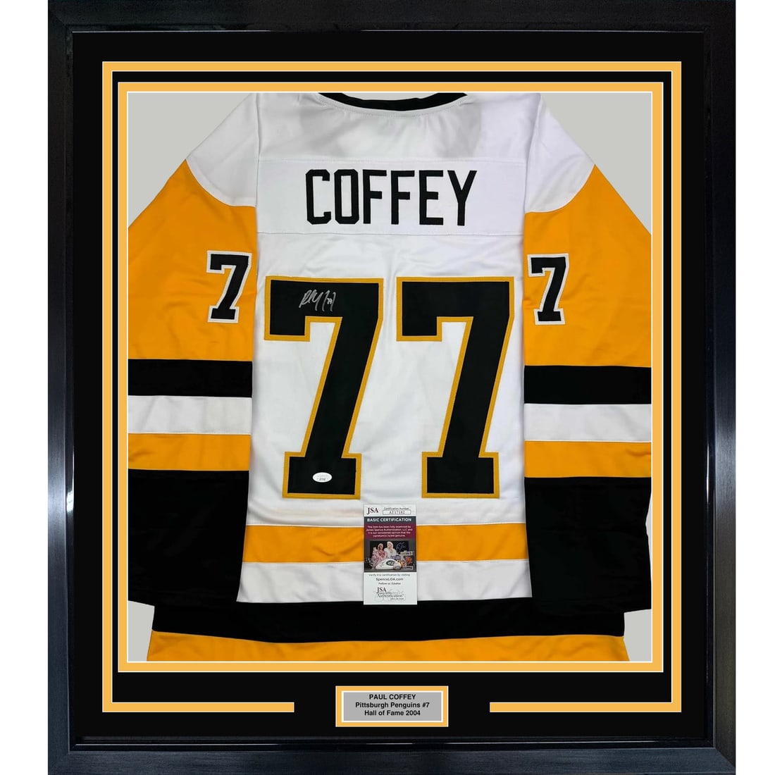 Framed Paul Coffey signed Pittsburgh Penguins white jersey JSA COA 35x39 (1 of 2)
