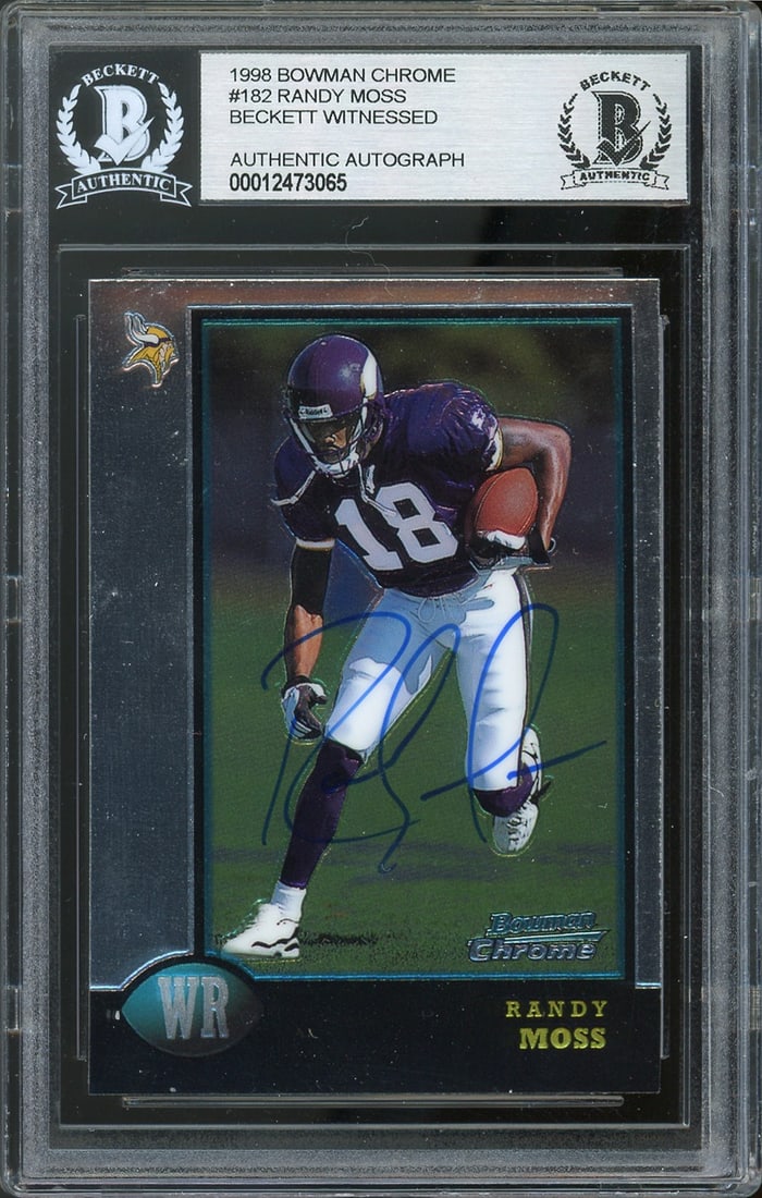 Randy Moss Signed 1998 Bowman Chrome Rookie Card BAS Slabbed Vikings: Randy Moss Signed 1998 Bowman Chrome Rookie Card BAS Slabbed Vikings This autographed 1998 Bowman Chrome #182 Rookie Card has been personally signed by Randy Moss, the legendary wide receiver for the 