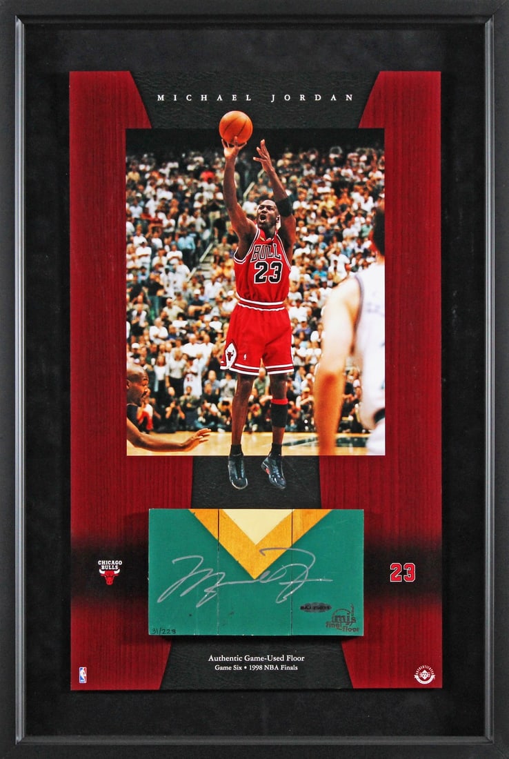 Framed 1998 Finals Game 6 Floor Piece Signed by Michael Jordan UDA LE of 233: Framed 1998 Finals Game 6 Floor Piece Signed by Michael Jordan UDA LE of 233 This limited edition framed display features a game-used floorboard piece from the 1998 NBA Finals Game 6, personally signe