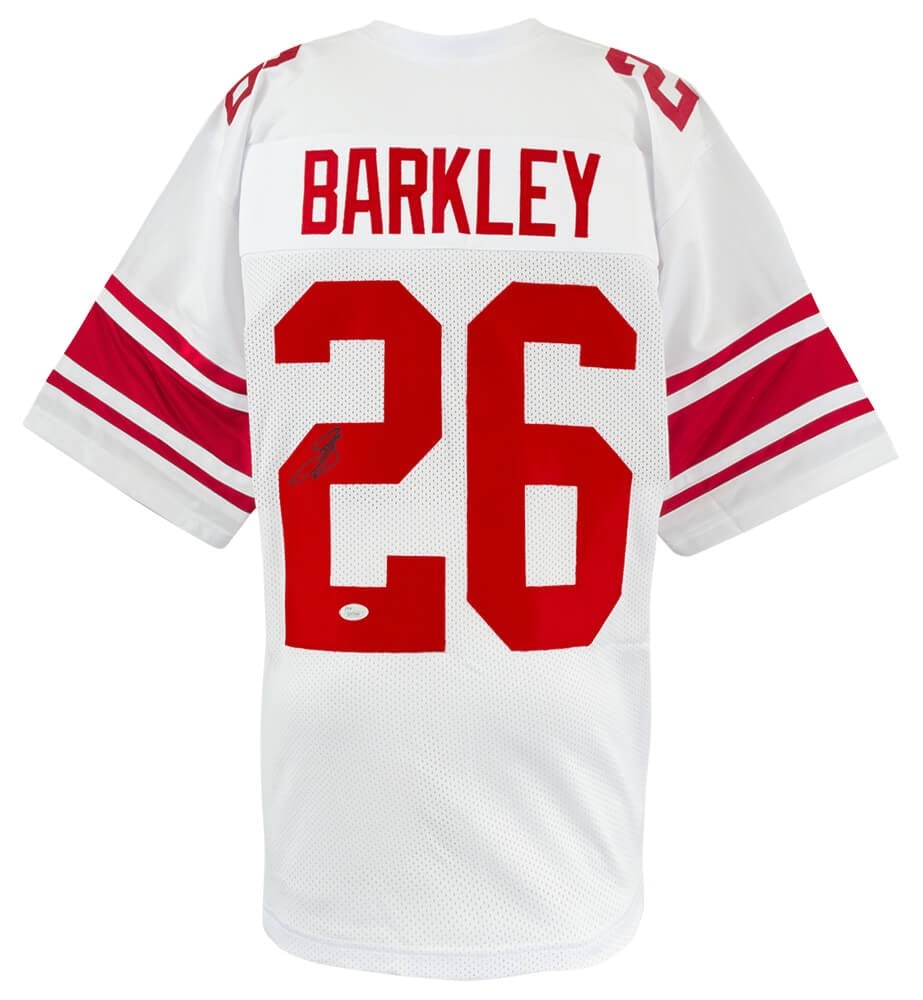 Autographed Saquon Barkley White Custom Jersey with Beckett Certificate: Autographed Saquon Barkley White Custom Jersey with Beckett Certificate This is a white custom football jersey autographed by Saquon Barkley of the New York Giants. The jersey includes a Beckett Authe
