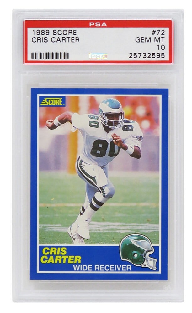 Cris Carter 1989 Score Football Rookie Card #72 PSA 10 Gem Mint: Cris Carter 1989 Score Football Rookie Card #72 PSA 10 Gem Mint This listing features a Cris Carter 1989 Score Football #72 Rookie Card, graded Gem Mint 10 by Professional Sports Authenticator (PSA). 