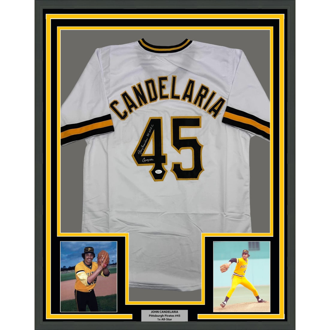 John Candelaria Signed Pittsburgh Pirates Jersey in 35x39 Framed Display JSA Authenticated: John Candelaria Signed Pittsburgh Pirates Jersey in 35x39 Framed Display JSA Authenticated This is a framed and autographed John Candelaria Pittsburgh Pirates white jersey. The jersey is professionall