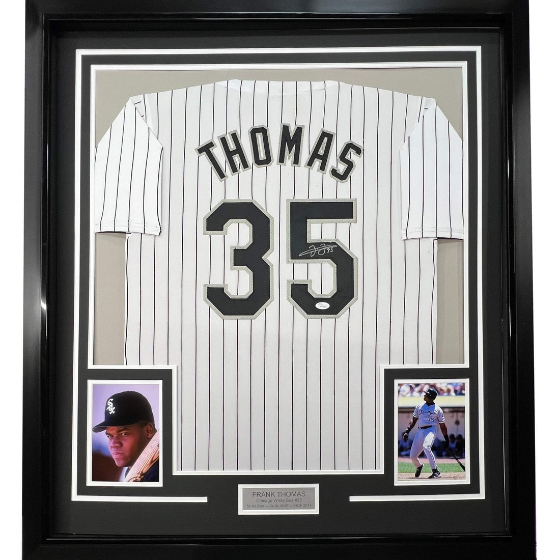 Framed Autographed Frank Thomas Chicago White Sox Jersey with JSA COA: Framed Autographed Frank Thomas Chicago White Sox Jersey with JSA COA Celebrate the legacy of Frank Thomas with this framed autographed Chicago White Sox pinstripe jersey. This original piece features