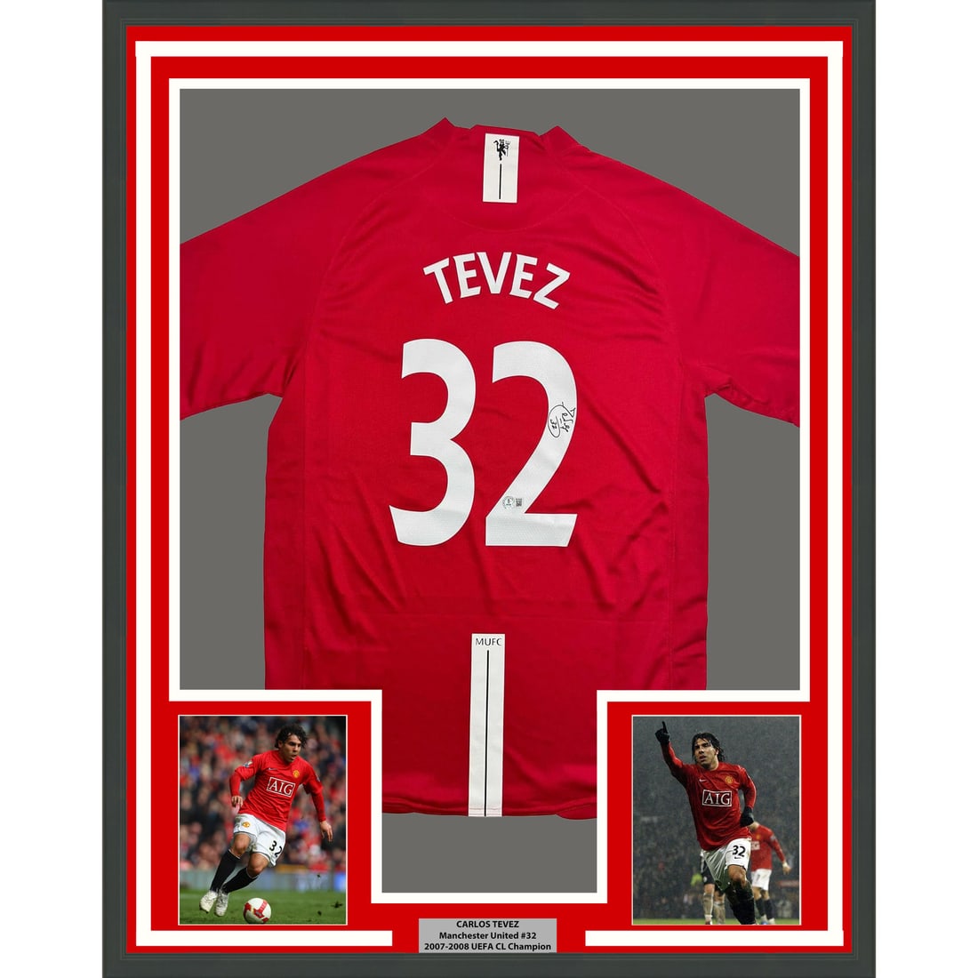 Carlos Tevez Signed Manchester United Jersey in 35x39 Frame Beckett Authenticated: Carlos Tevez Signed Manchester United Jersey in 35x39 Frame Beckett Authenticated This professionally framed and matted Manchester United jersey features the autograph of Carlos Tevez. The display inc