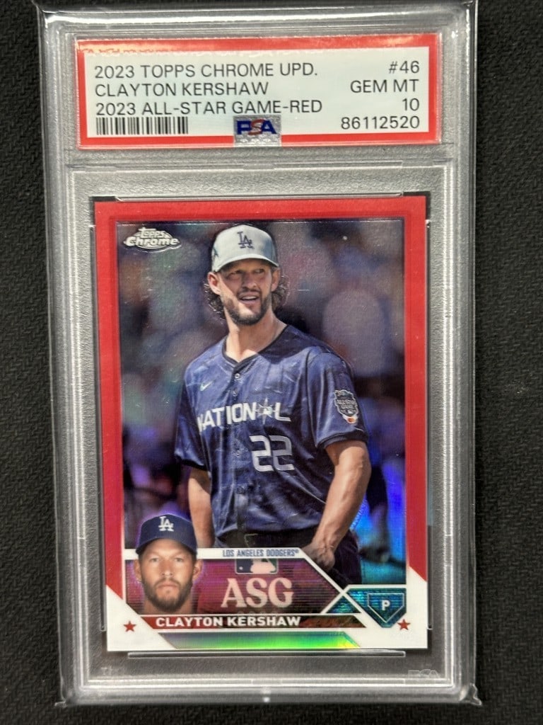 Clayton Kershaw 2023 Topps Chrome Update Red PSA 10 All Star Card #46: Clayton Kershaw 2023 Topps Chrome Update Red PSA 10 All Star Card #46 This is a Clayton Kershaw 2023 Topps Chrome Update All Star Game Red Baseball Card, featuring card number 46. Graded by Profession