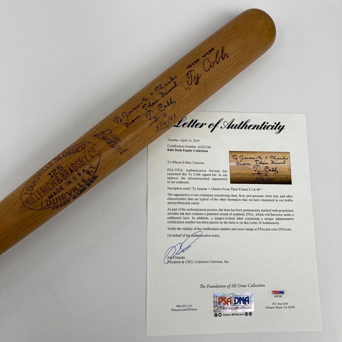 Ty Cobb Signed H&B Bat 10 Gem Mint PSA DNA Babe Ruth Collection: Ty Cobb Signed H&B Bat 10 Gem Mint PSA DNA Babe Ruth Collection This remarkable Ty Cobb signed baseball bat is a true collector's gem, graded 10 GEM MINT by Beckett. Crafted from ash, this Hillerich &