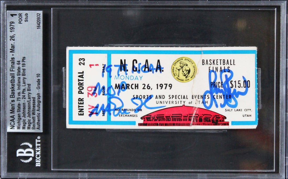 1979 NCAA Finals Ticket Signed by Magic Johnson Larry Bird Beckett Slabbed: 1979 NCAA Finals Ticket Signed by Magic Johnson Larry Bird Beckett Slabbed This is an original ticket stub from the March 24, 1979 NCAA Finals, personally signed by both Magic Johnson and Larry Bird. 