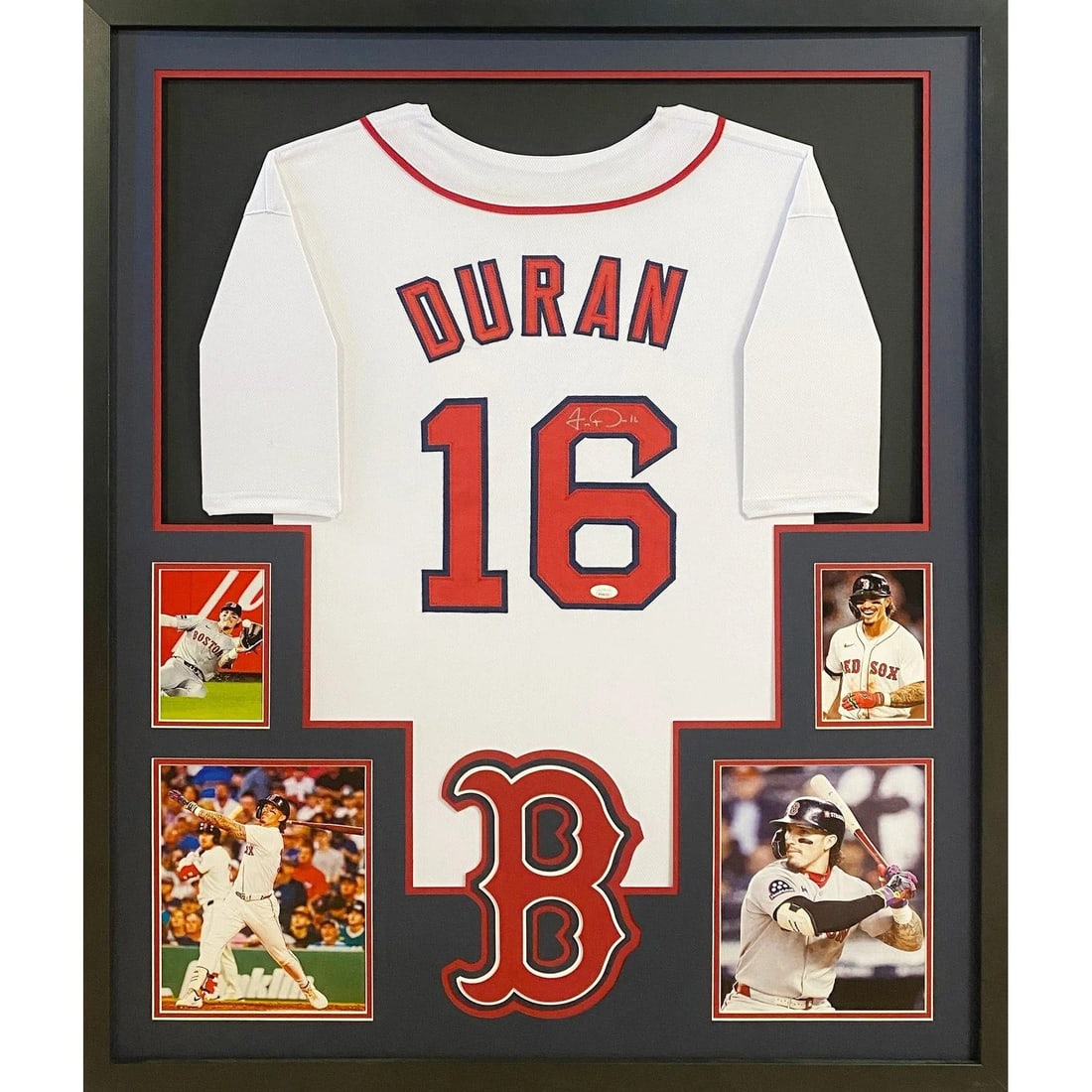 Framed Boston Red Sox Jersey Signed by Jarren Duran with JSA Authentication: Framed Boston Red Sox Jersey Signed by Jarren Duran with JSA Authentication This is a framed Boston Red Sox jersey autographed by Jarren Duran. The signature is authenticated by JSA and includes a tam