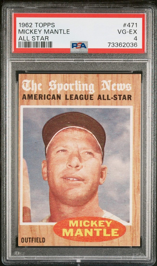 1962 Topps Mickey Mantle All Star Card PSA Graded 4 VG-EX #471: 1962 Topps Mickey Mantle All Star Card PSA Graded 4 VG-EX #471 This is an original 1962 Topps All Star #471 baseball card featuring Mickey Mantle of the New York Yankees. The card is professionally en