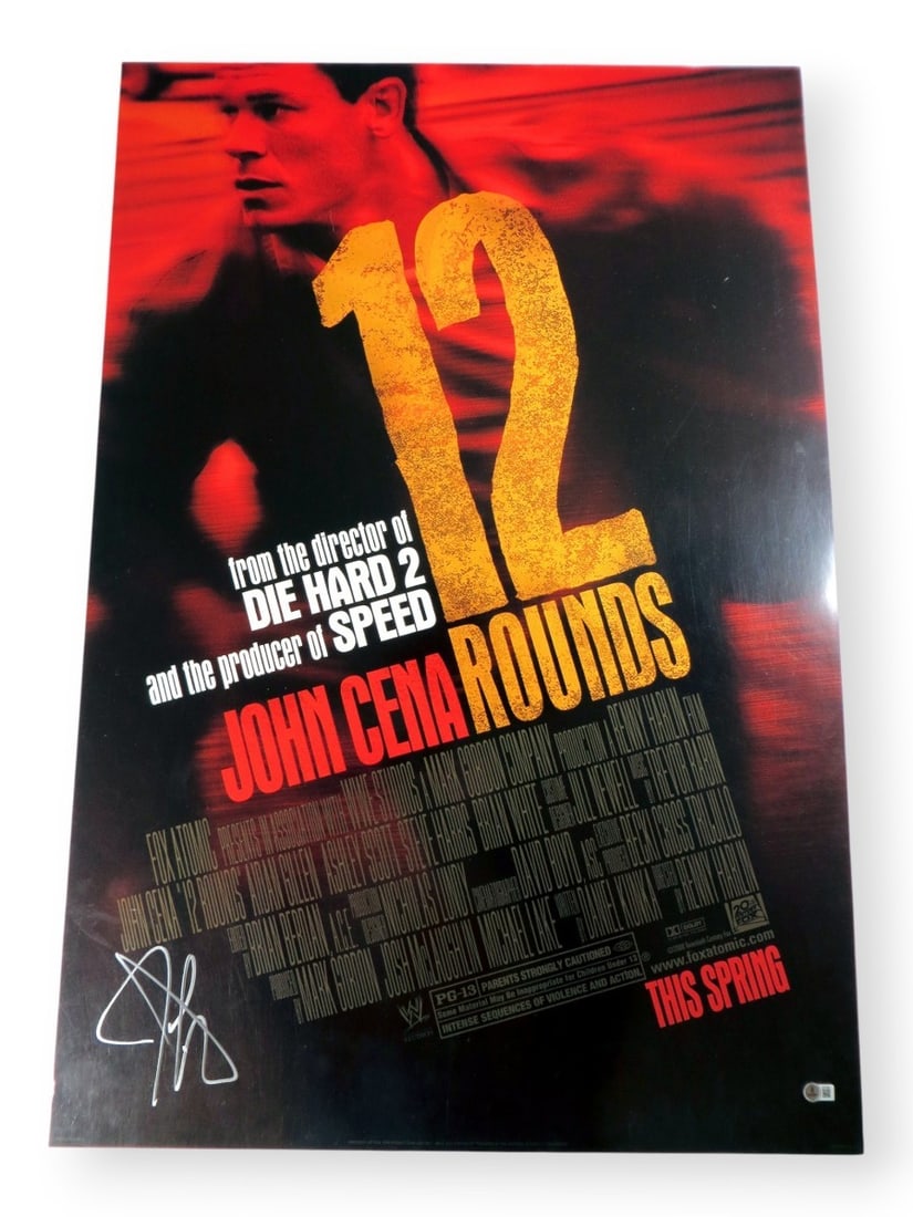 John Cena Autographed 27X40 Movie Poster Beckett Authenticated: John Cena Autographed 27X40 Movie Poster Beckett Authenticated This original 27X40 movie poster for '12 Rounds' features the autograph of professional wrestler and actor John Cena. Authenticated by Be