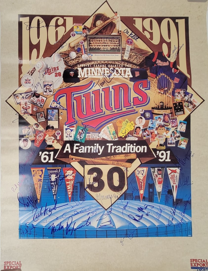 1991 Minnesota Twins Team Signed 18x24 Poster Beckett Authenticated 32 Signatures: 1991 Minnesota Twins Team Signed 18x24 Poster Beckett Authenticated 32 Signatures Celebrate the legacy of the 1991 Minnesota Twins with this original team-signed poster commemorating their World Serie