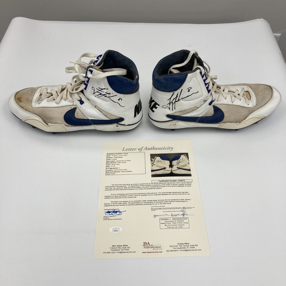 Troy Aikman Signed Game Used Cleats Dallas Cowboys JSA COA: Troy Aikman Signed Game Used Cleats Dallas Cowboys JSA COA Enhance your collection with these authentic game-used cleats worn by NFL legend Troy Aikman during the 1990s. These size 13.5 sneakers are n