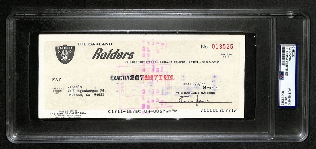 Al Davis HOF Autographed Bank Check Oakland Raiders PSA/DNA: Al Davis HOF Autographed Bank Check Oakland Raiders PSA/DNA Offered is an Al Davis Hall of Fame signed bank check measuring 8.5x3.5 inches. This authentic check features the signature of Al Davis, the
